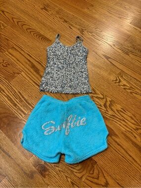 Silver Sequin Cami & Turquoise Plush 'Swiftie' Shorts